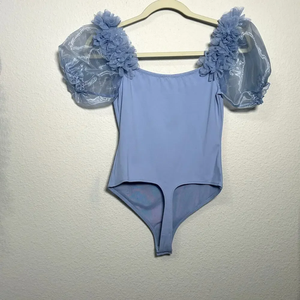 NEW Free People Pretty Petals Bodysuit Organza Puff Sleeve Blue Lilac XS Dainty